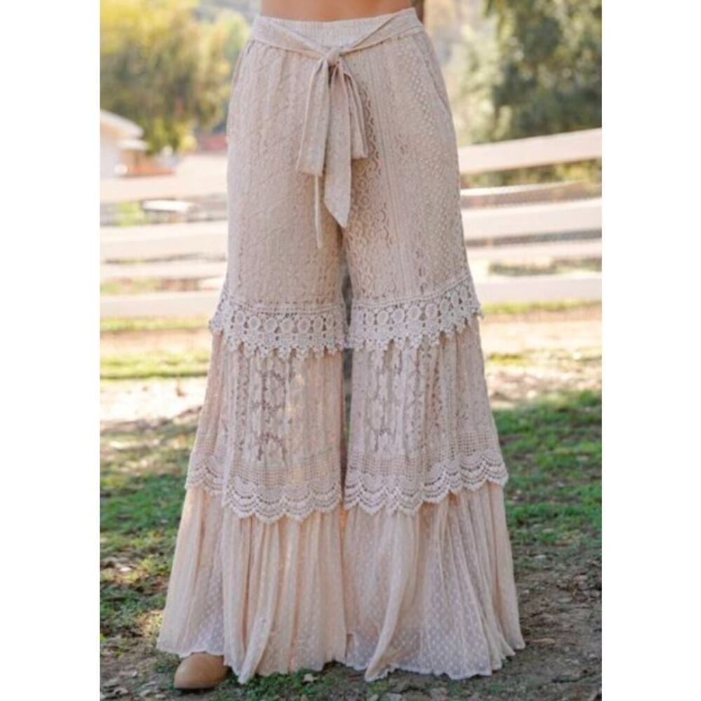 Young Threads Desert Dream Lace Wide Leg Pants Beige Tiered XL - Romantic Boho